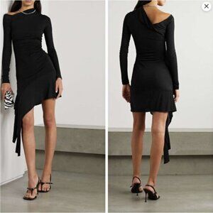Helmut Lang Scala Black Asymmetric Ruched Long Sleeve Mini Dress Size M